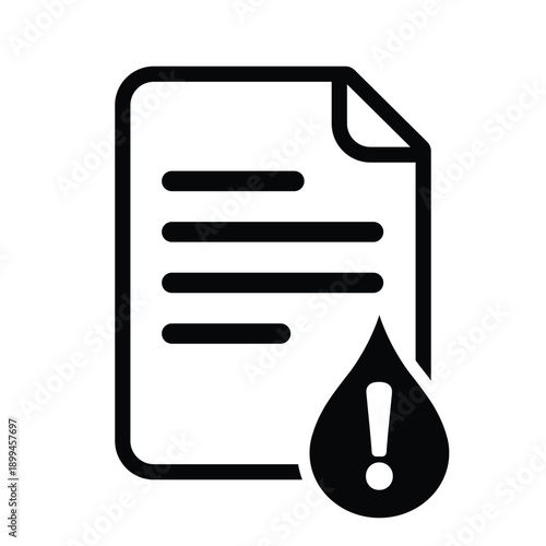 Vector icon of a document with a liquid drop and exclamation mark, indicating fluid level warnings, leak alerts, chemical safety data sheets, or plumbing maintenance reports.