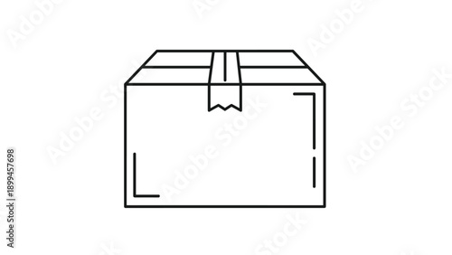 Simple black and white line drawing of a sealed cardboard shipping box ready for delivery or moving house on a plain white background.