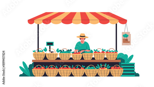Farmer wearing a hat stands behind a market stall filled with baskets of fresh red apples and green leafy vegetables under a striped awning.