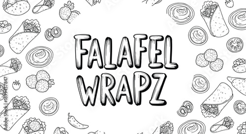Colorful illustration of food items and text falafel wrapz on white background