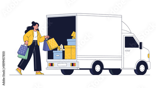 Young woman carrying several colorful shopping bags towards an open white delivery truck filled with cardboard boxes for transportation.