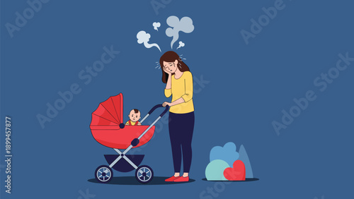 Exhausted young mother standing next to a baby in a red stroller while looking very tired with smoke clouds representing stress above her head.