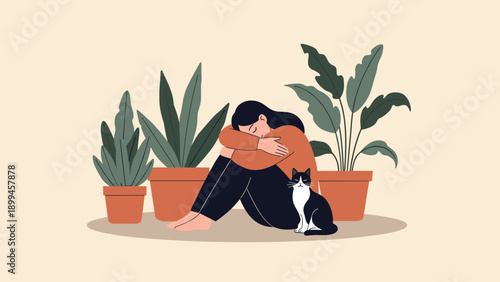 Lonely woman sitting on the floor with her head down and arms wrapped around her legs while her black and white cat sits nearby among plants.