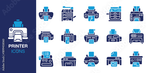 Printer Icon set. Containing toner, ink, cartridge, tray, output, document and more. Solid vector icons collection. Vector illustration.