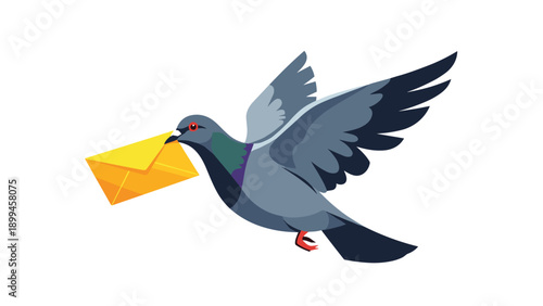 Carrier pigeon with grey and blue feathers flying through the air while holding a sealed yellow envelope in its beak for message delivery.