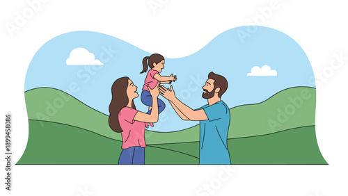 Happy father and mother playing with their young daughter by lifting her up in a beautiful green rolling hill landscape under a blue sky.