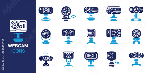 Webcam Icon set. Containing lens, sensor, microphone, usb, wireless, wifi and more. Solid vector icons collection. Vector illustration.