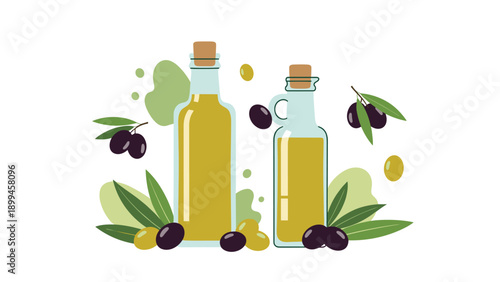 Two glass bottles of golden olive oil surrounded by fresh black and green olives and olive tree branches in a clean graphic composition.