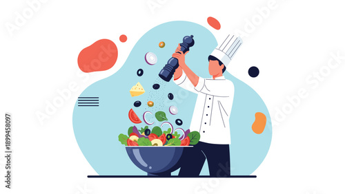Skilled chef in a white uniform and hat tossing fresh vegetables like tomatoes, olives, and onions into a large bowl to prepare a salad.