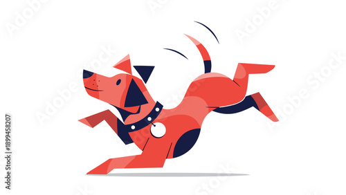 Playful brown dog with a dark collar and wagging tail running fast through an open space with a happy and joyful facial expression.