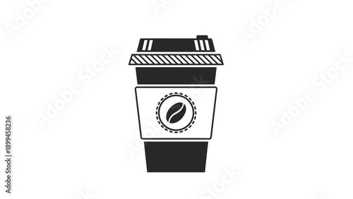 Black and white icon of a disposable coffee cup with a lid, a sleeve, and a coffee bean logo in the center for a cafe or coffee shop.