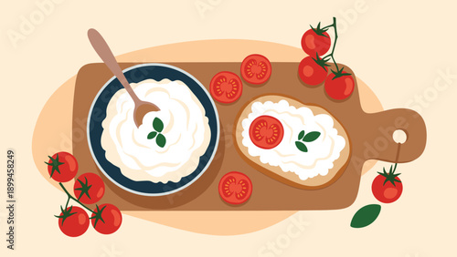 Top view of a wooden cutting board with a bowl of white cream cheese, slices of bread, and fresh red tomatoes with green herbs.
