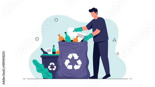 Environmentally conscious man in gloves sorting various waste items like glass bottles and paper into blue recycling bags and bins.