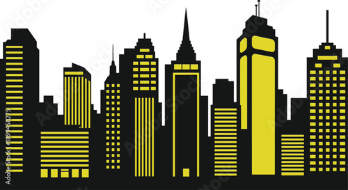 City skyline silhouette with modern skyscrapers, urban night illustration, abstract downtown architecture, business district concept, minimal vector design, graphic cityscape