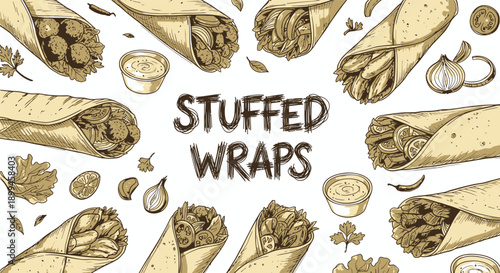 Delicious stuffed wraps with fresh vegetables and herbs on white background