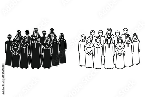Two groups of people in traditional Middle Eastern clothing standing together in simple line art style