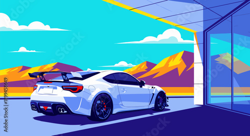 Dynamic Sports Car Vector Illustration in a Modern Garage with Mountain Landscape Backdrop