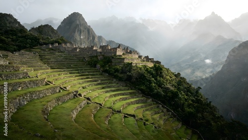 Wallpaper Mural Ancient Terraced Ruins on a Steep Mountain Slope in a Misty Valley Torontodigital.ca