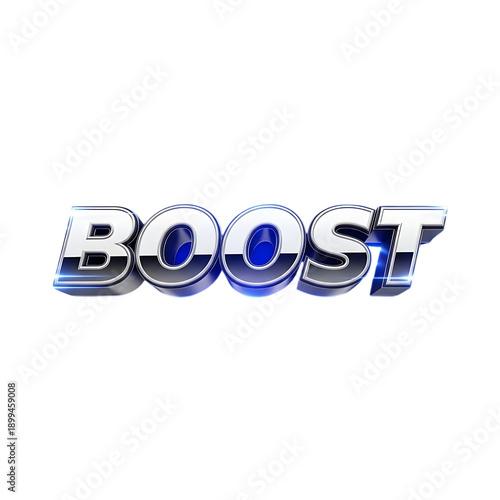 Boost text effect in silver and blue metallic letters on transparent background