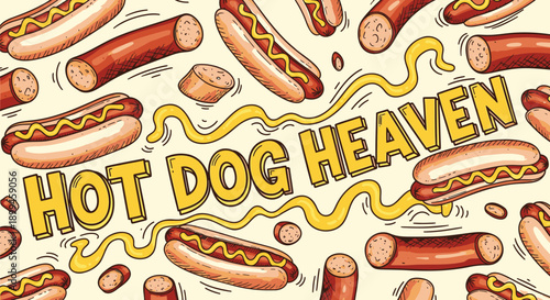 Colorful hot dog pattern with 'hot dog heaven' text on cream background
