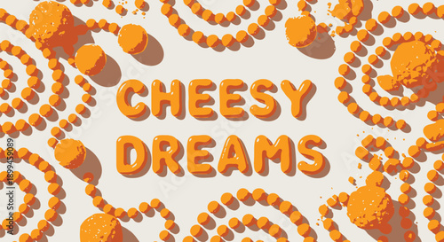 Vibrant orange cheese puffs arranged in swirling patterns on white background with cheesy dreams text