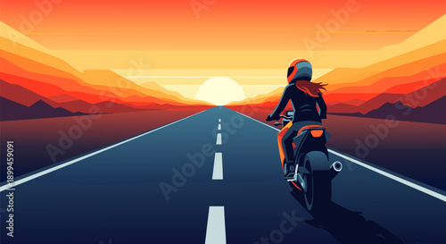 Sunset motorcycle ride vector illustration on a highway with rider looking towards the horizon