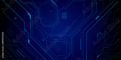 Technology lines circuit and dots on blue background, circuit board network connection.