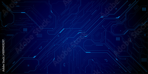 Abstract AI circuit board background. Technology connected blue lines with electronics elements on tech bg. Vector futuristic blue wires on a circuit board on a dark technological background.