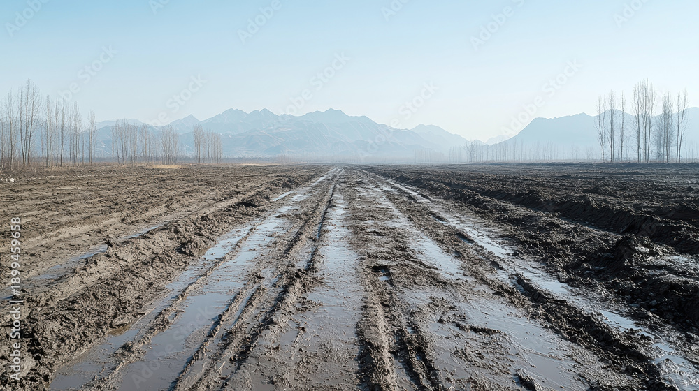 Fototapeta premium Muddy dirt road cuts through a flat, barren landscape under a clear sky, with distant mountains forming a hazy backdrop