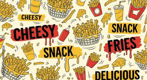 Colorful illustration of cheesy snack food with fries and drinks on a beige background
