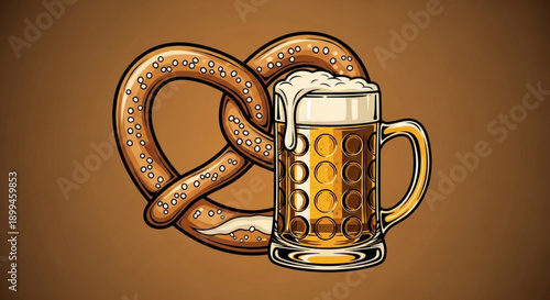 Frothy beer mug with pretzel on brown background symbolizing oktoberfest celebration and german tradition