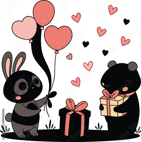 Cute bunny and bear exchanging gifts with heart balloons for valentine