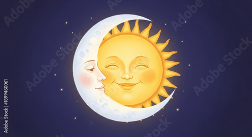 Smiling sun and moon faces in a starry night sky with celestial bodies