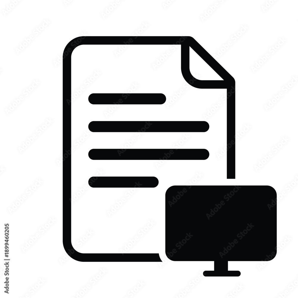 Fototapeta premium Vector line icon of a document file with a computer monitor symbol. Represents digital documentation, online reporting, electronic filing, and workstation data management.
