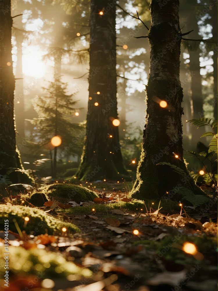Obraz premium Enchanted forest scene with sunlight filtering through trees, featuring vibrant moss and magical glowing particles. Perfect for nature and tranquility themes.