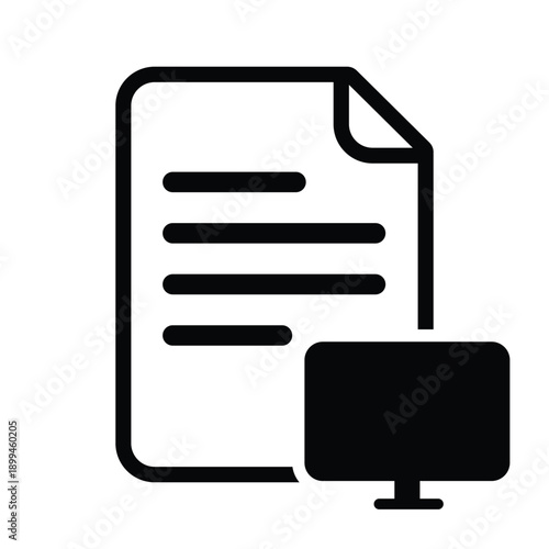 Vector line icon of a document file with a computer monitor symbol. Represents digital documentation, online reporting, electronic filing, and workstation data management.
