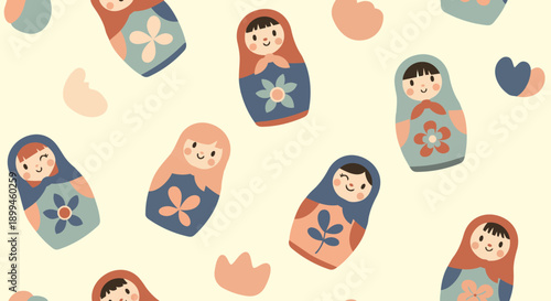 Seamless pattern with cute matryoshka characters, playful shapes, soft rounded forms, pastel folk palette, modern children friendly vector style