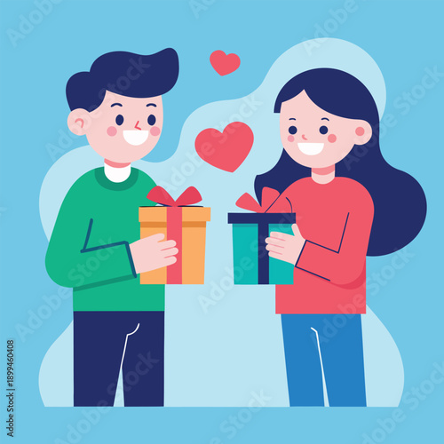 Couple exchanging valentine gifts with hearts for romantic celebration