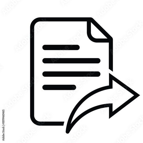 Minimalist document icon with an outgoing curved arrow. Vector illustration symbolizing file sharing, exporting data, sending documents, and content distribution for digital platforms.