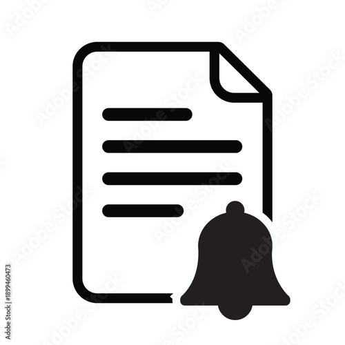 Black line icon of a document with a notification bell symbol. Minimalist vector graphic representing file alerts, document reminders, and system notifications for web and mobile UI design.