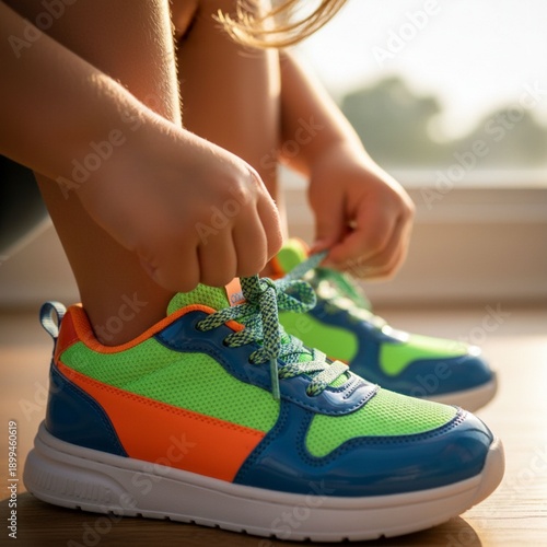 Small child fingers struggling to tie shoelace bow, learning fine motor skills and independence concept.