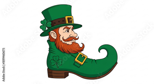 St patrick's day leprechaun in green boot and hat with shamrock smiling and looking sideways festive irish symbol