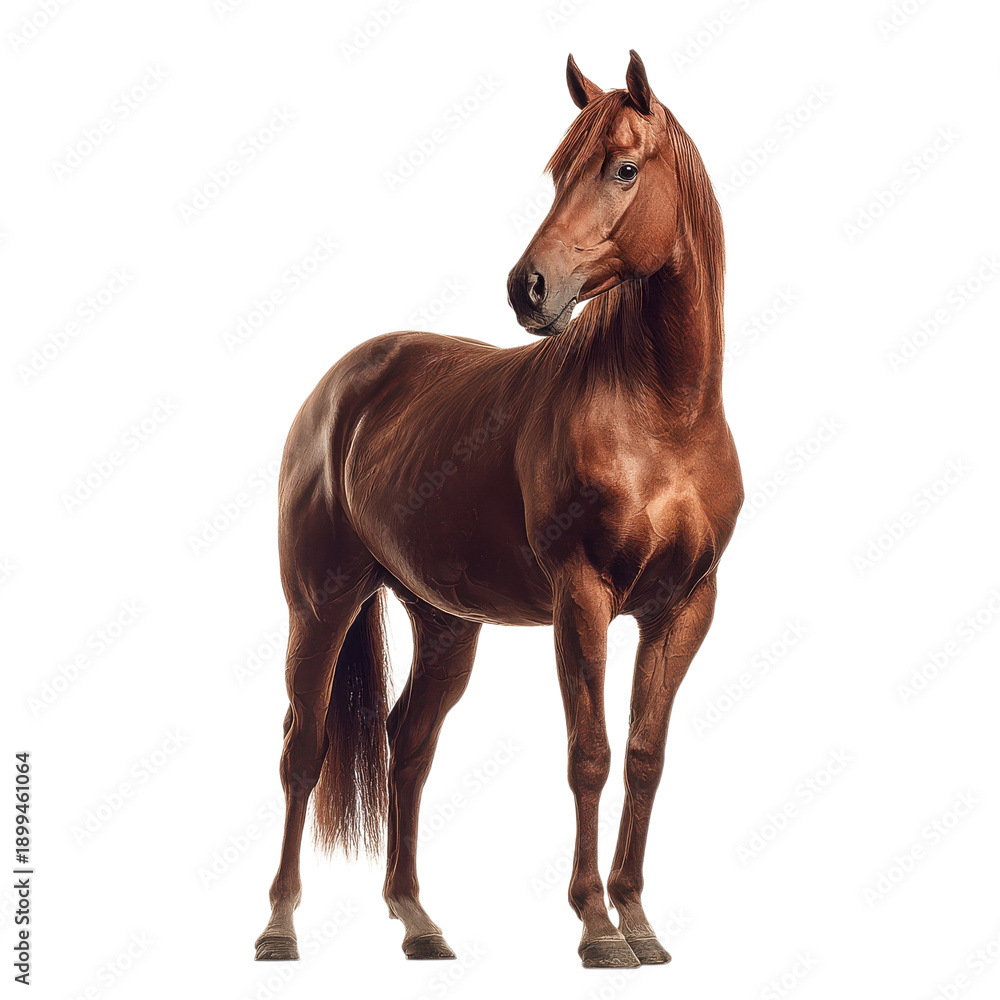 Fototapeta premium Brown horse stands still, showing strong presence in a bright setting during daytime hours in a studio environment