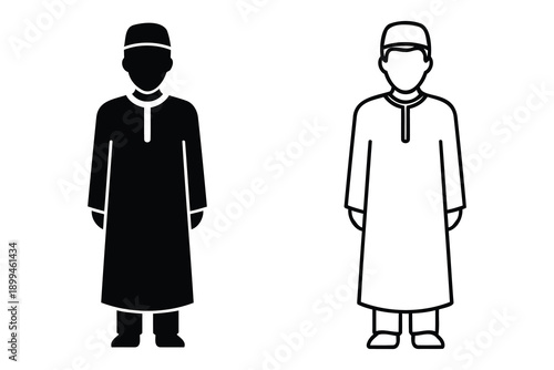 Two Muslim men in traditional clothing and headwear standing side by side