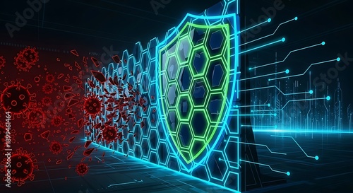 Cyber Security Shield Protecting Against Nipah Virus Cyber Threats in Neon Light