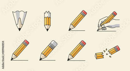 Pencil set, drawing and writing tool icons