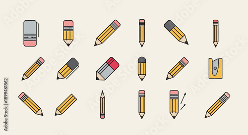 Pencil and Eraser Icons Set. School Supplies
