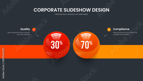 Corporate Briefing Frame Layout Vector Illustration. Marketing Insight 2 Option Graph Slide Template. Consulting Overview Two Element Diagram Slideshow Design.