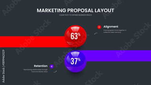 Advertising Growth Two Step Diagram Frame Layout. Modern Briefing Presentation Design Vector Illustration. Investor Introduction 2 Element Graph Slide Template.