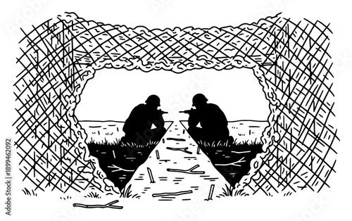 Two soldiers silhouettes sitting in a trench viewed through a broken wire fence
